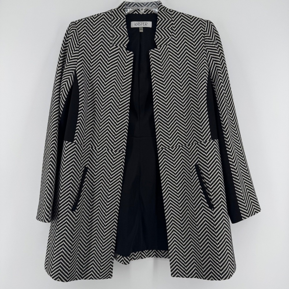 Kasper Black Ivory Herringbone Blazer Jacket Size 10 Office Business Casual